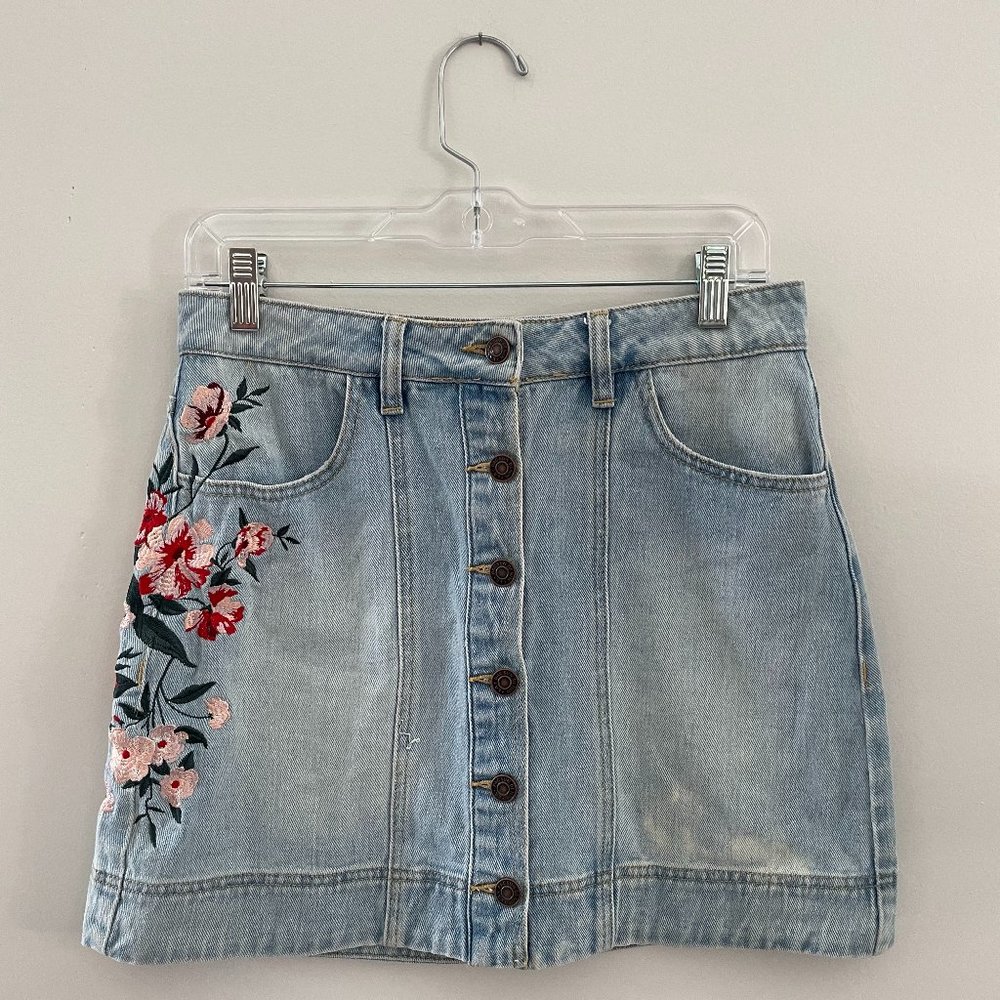 PacSun Denim/Jean Embroidered Button Front Mini Skirt